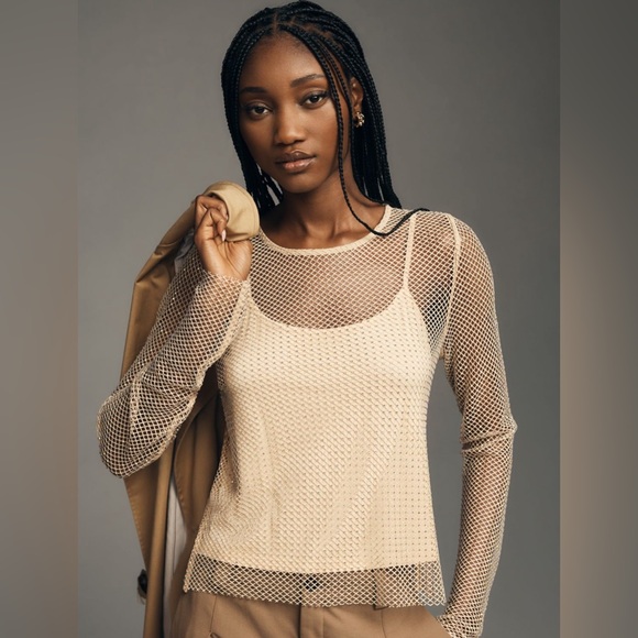 Anthropologie Tops - Anthropologie Sunday in Brooklyn Mesh Sparkle Top in Sand Beige